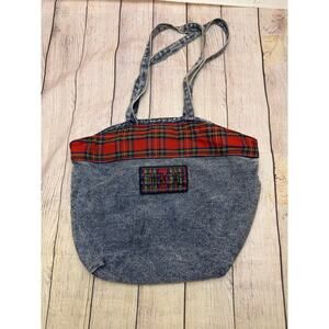 Vintage 80s 90s Cherokee Denim Plaid Tote Bag